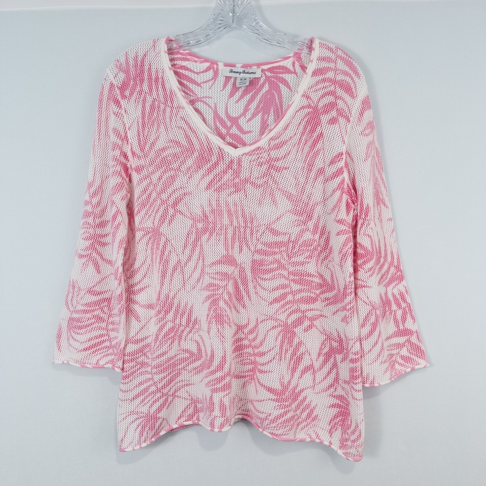 Tommy Bahama Palm Fronds Cotton Mesh Knit V Neck Top Womens Medium Beach Resort